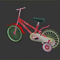Red Children's Bicycle With Black Seat Training Wheels And White Wheel Rims