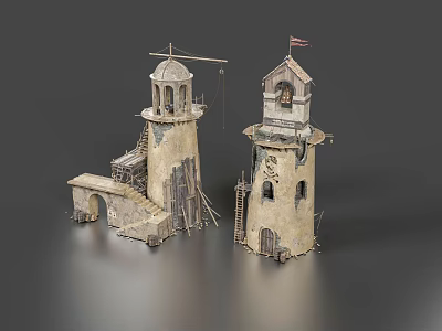 Handcrafted Vintage Stone Tower Models With Worn Details Staircases And Flags 3d model