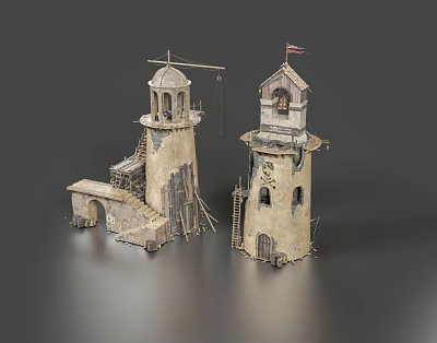 Handcrafted Vintage Stone Tower Models With Worn Details Staircases And Flags 3d model