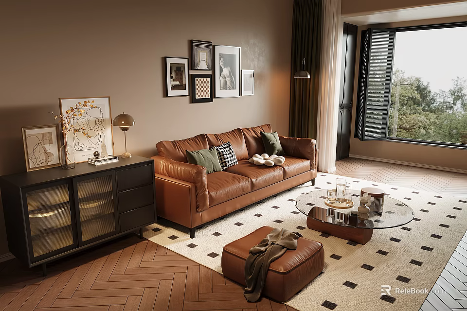 Brown Leather Sofa and Glass Coffee Table Set with Throw Pillows Ottoman and Decorative Paintings 3d model 
