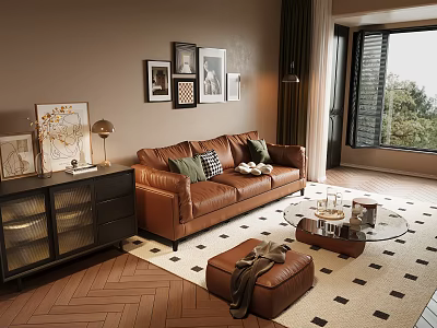 Brown Leather Sofa and Glass Coffee Table Set with Throw Pillows Ottoman and Decorative Paintings 3d model