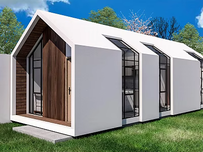 Modern White Detached Villa Exterior With Wooden Accents Large Windows And Green Lawn 3d model