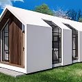 Modern White Detached Villa Exterior With Wooden Accents Large Windows And Green Lawn