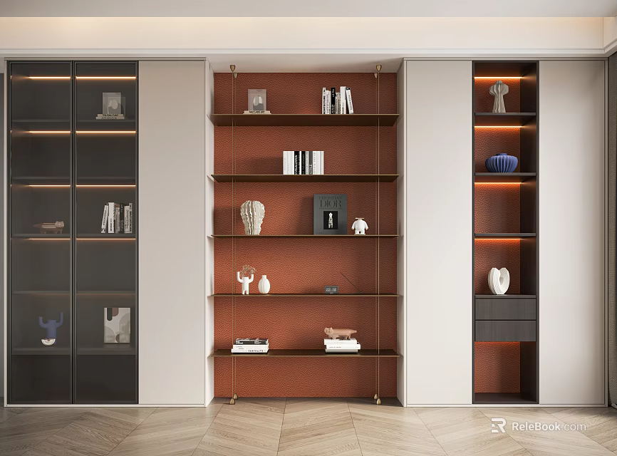 Modern Elegant Wooden Bookcase With Glass Door Open Shelves Decorative Items And Books 3d model 