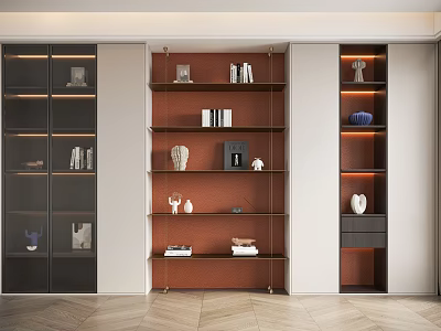 Modern Elegant Wooden Bookcase With Glass Door Open Shelves Decorative Items And Books 3d model