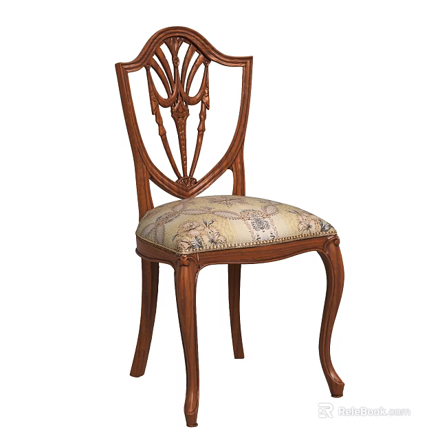Classic Wooden Dining Chair with Carved Backrest and Patterned Upholstered Seat 3d model 