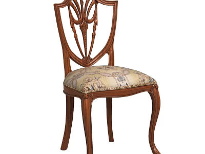 Classic Wooden Dining Chair with Carved Backrest and Patterned Upholstered Seat 3d model