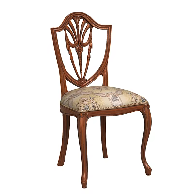Classic Wooden Dining Chair with Carved Backrest and Patterned Upholstered Seat 3d model