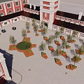 Campus Square Landscape Featuring Red Brick Buildings Wooden Planters Trees Benches and Paved Ground