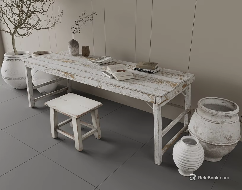 White Long Wooden Table And Small Stool With Clay Pots Potted Plant In Rustic Style 3d model 