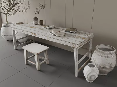 White Long Wooden Table And Small Stool With Clay Pots Potted Plant In Rustic Style 3d model