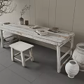 White Long Wooden Table And Small Stool With Clay Pots Potted Plant In Rustic Style