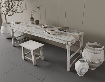 White Long Wooden Table And Small Stool With Clay Pots Potted Plant In Rustic Style 3d model