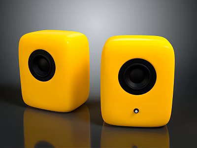 Yellow Cube Shaped Electronic Speakers Pair With Modern Design And Black Drivers 3d model