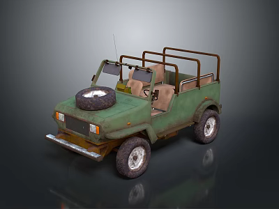 Vintage Green Off Road Vehicle With Open Top Roof Rack And Spare Tire 3d model