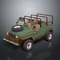 Vintage Green Off Road Vehicle With Open Top Roof Rack And Spare Tire
