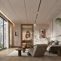 Modern Living Room Interior With Linen Sofa Wooden Coffee Table And Potted Plant