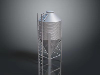 Industrial Silver Metal Silo Structure With Ladder And Conical Top Design 3d model