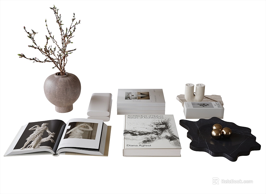 Decorative Ornament Set with Vase Branches Open Book Candles Black Tray Gold Balls 3d model 