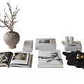 Decorative Ornament Set with Vase Branches Open Book Candles Black Tray Gold Balls