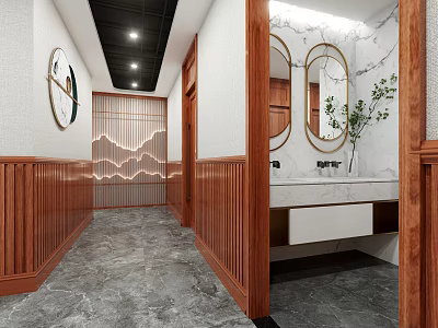 Modern Hotel Corridor Featuring Wooden Paneling Gray Marble Floor Round Mirrors And Lattice Partition 3d model