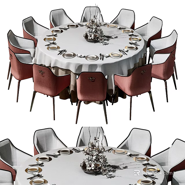 Elegant Modern Round Dining Table Set With Pink Upholstered Chairs And Tableware 3d model 
