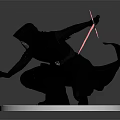 Game Movie Character In Black Cloak With Mask Holding Red Lightsaber Crouching On White Base