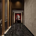Chinese Style Hotel Lobby With Latticed Ceiling Chandelier Landscape Painting And Marble Floor