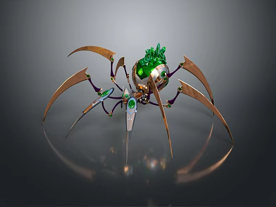 Mechanical Spider with Golden Legs Green Head and Futuristic Design Elements 3d model