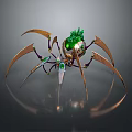 Mechanical Spider with Golden Legs Green Head and Futuristic Design Elements