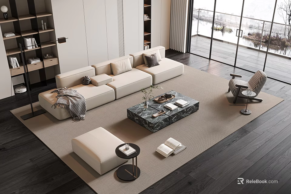 Modern Living Room Sofa And Coffee Table Set With Light Upholstery Marble Top And Carpet 3d model 