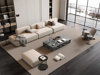 Modern Living Room Sofa And Coffee Table Set With Light Upholstery Marble Top And Carpet 3d model