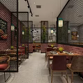 Modern Restaurant Interior With Brick Wall Wooden Planters Lantern Style Lights And Dining Tables Chairs