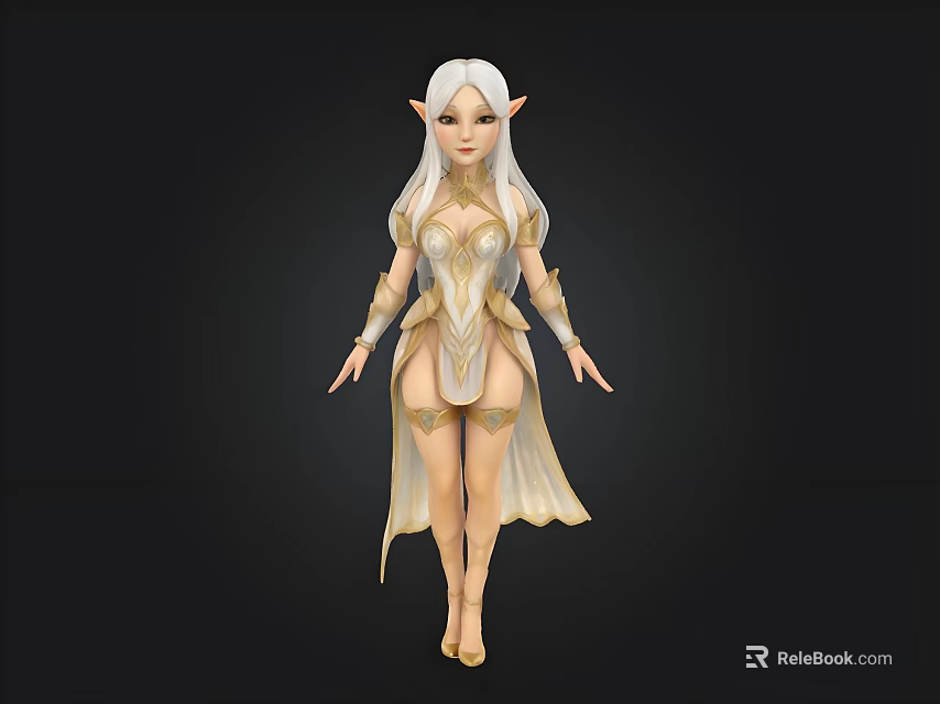 Elegant 3D Fantasy Elf Character With White Hair Pointed Ears Gold Outfit 3d model 