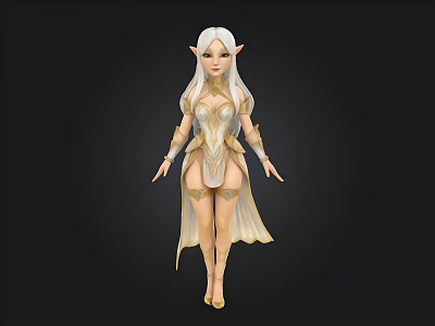 Elegant 3D Fantasy Elf Character With White Hair Pointed Ears Gold Outfit 3d model