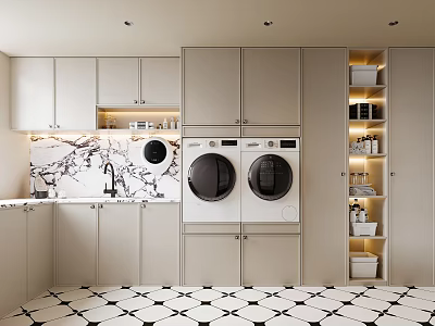 Modern Laundry Room With Double Washer Dryer Cabinets Marble Backsplash And Geometric Floor 3d model