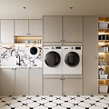 Modern Laundry Room With Double Washer Dryer Cabinets Marble Backsplash And Geometric Floor