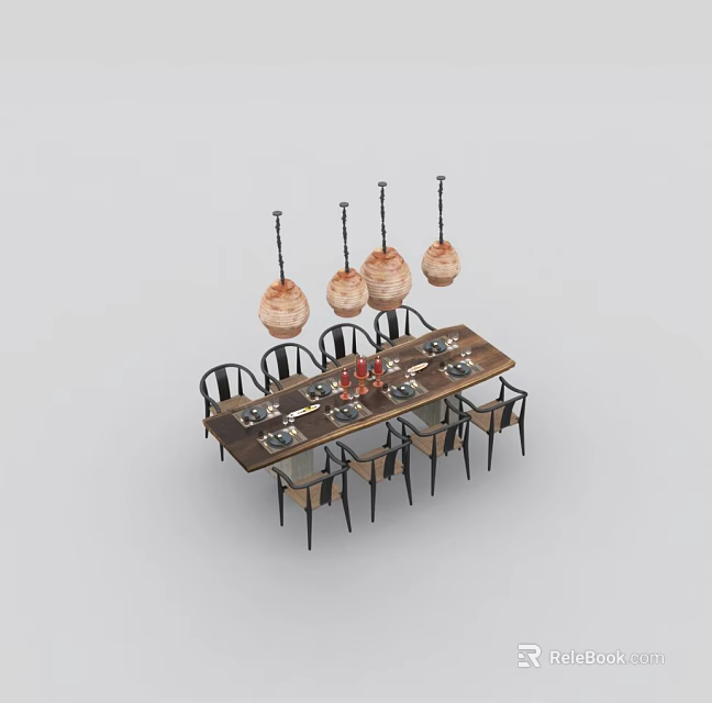 Complete Dining Table Set With Long Wooden Table Black Chairs Pendant Lights Tableware And Candles 3d model 