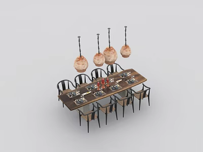 Complete Dining Table Set With Long Wooden Table Black Chairs Pendant Lights Tableware And Candles 3d model