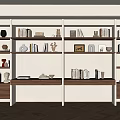 Modern Bookcase With Multiple Shelves Books Decorative Items Sculptures And Wooden Accents