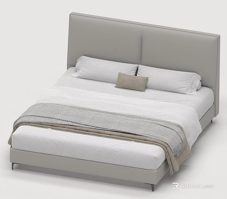Modern Upholstered Double Bed With Gray Headboard White Sheets And Beige Throw Pillow 3d model