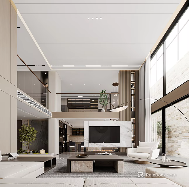 Modern Duplex Living Room With Large Windows And Greenery 3d model