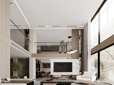 Modern Duplex Living Room With Large Windows And Greenery 3d model