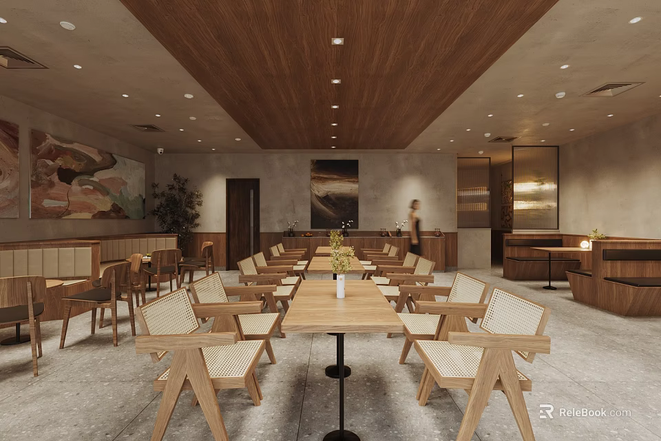 Rustic Restaurant Interior With Wooden Tables Chairs Wooden Ceiling And Mural Art 3d model 