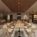 Rustic Restaurant Interior With Wooden Tables Chairs Wooden Ceiling And Mural Art