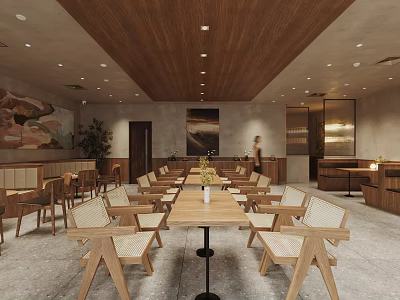 Rustic Restaurant Interior With Wooden Tables Chairs Wooden Ceiling And Mural Art 3d model