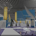 Children's Indoor Venue with White Sail Decorations Blue Panels Yellow Pillars Grid Ceiling Shiny Floor