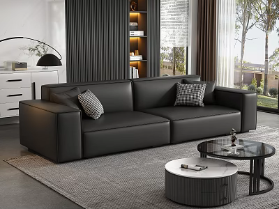 Modern Black Leather Sectional Sofa In Living Room With Plush Cushions And Round Coffee Table 3d model