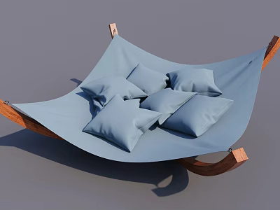 Light Blue Hammock with Wooden Stand and Multiple Soft Pillows 3d model