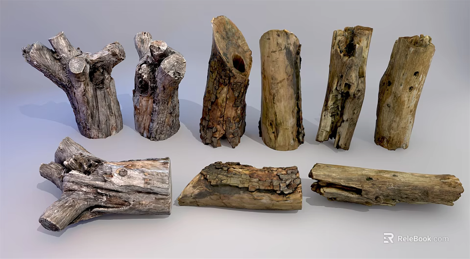 Natural Stone And Wood Decorative Pieces With Rustic Textures And Shapes 3d model 